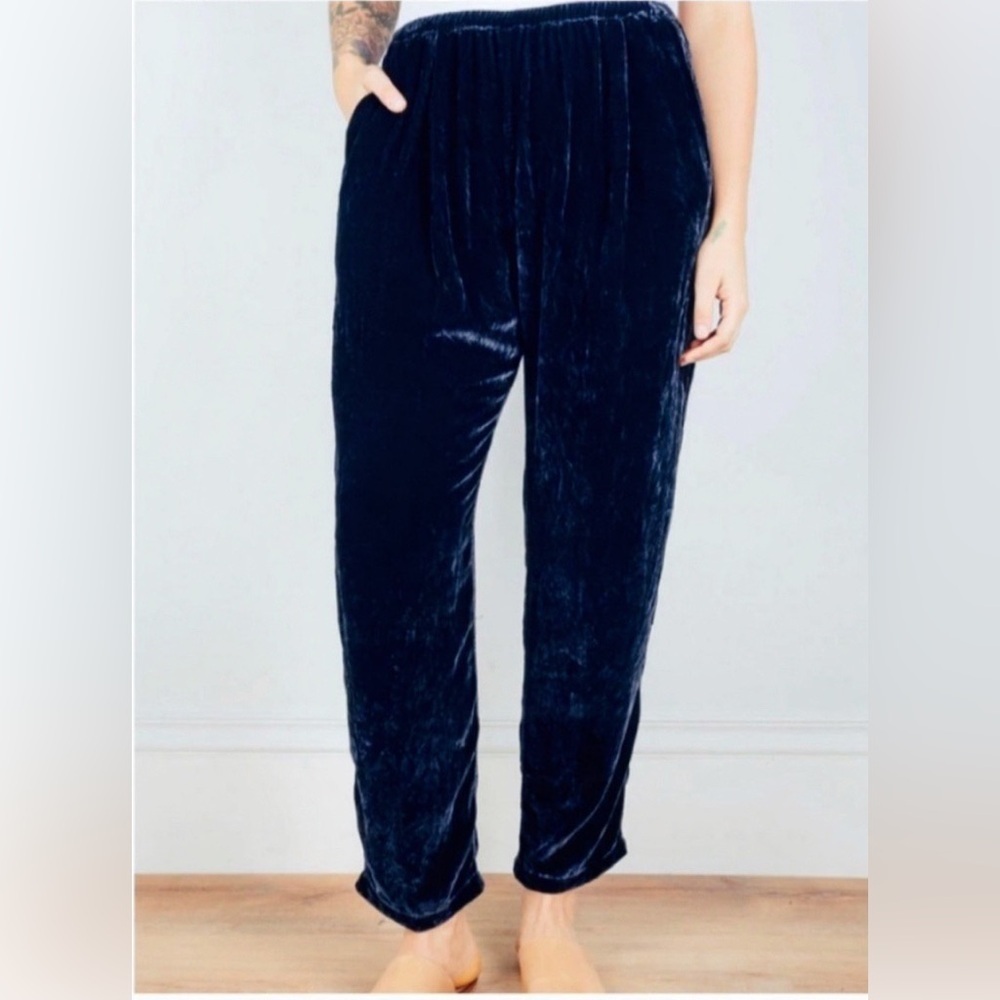 CP‎ Shades | Crushed Velvet Pants Large Wide Straight Leg Deep Blue Lagenlook